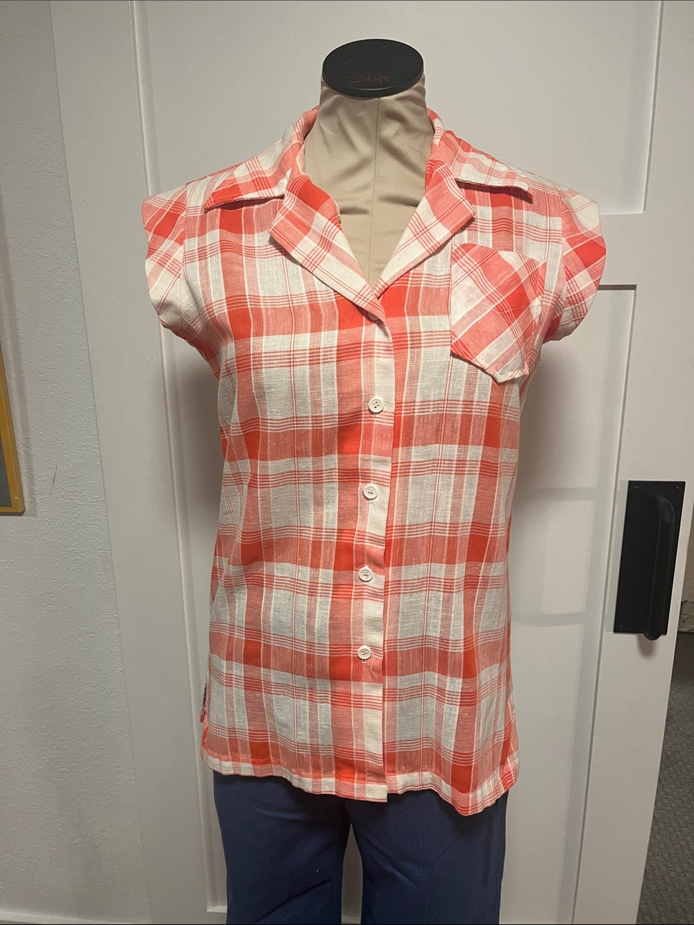 Adorable 70’s Red and White Plaid Sleeveless Blouse.